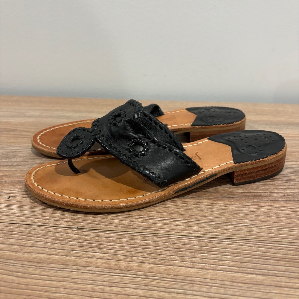 Jack Rogers Iconic Jacks Flat Sandals Women Black size 6M Leather Whipstitch
